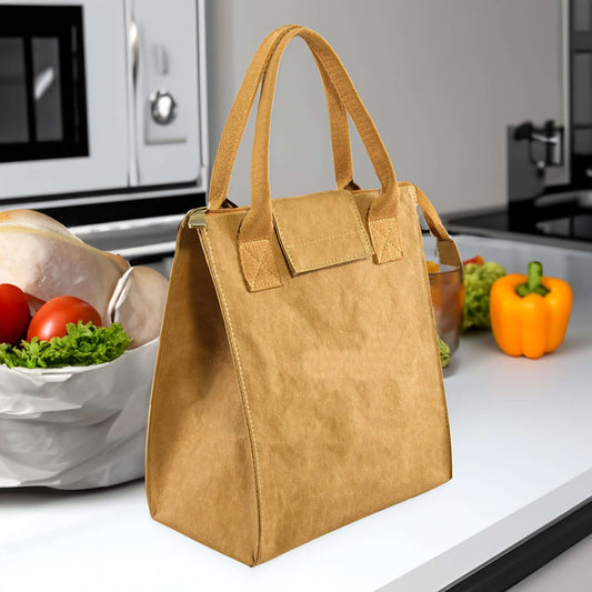 Maryo Kraft Paper Lunch Bag placed on a kitchen bench, surrounded by fresh fruit and vegetables, highlighting its eco-friendly, durable design for everyday use.