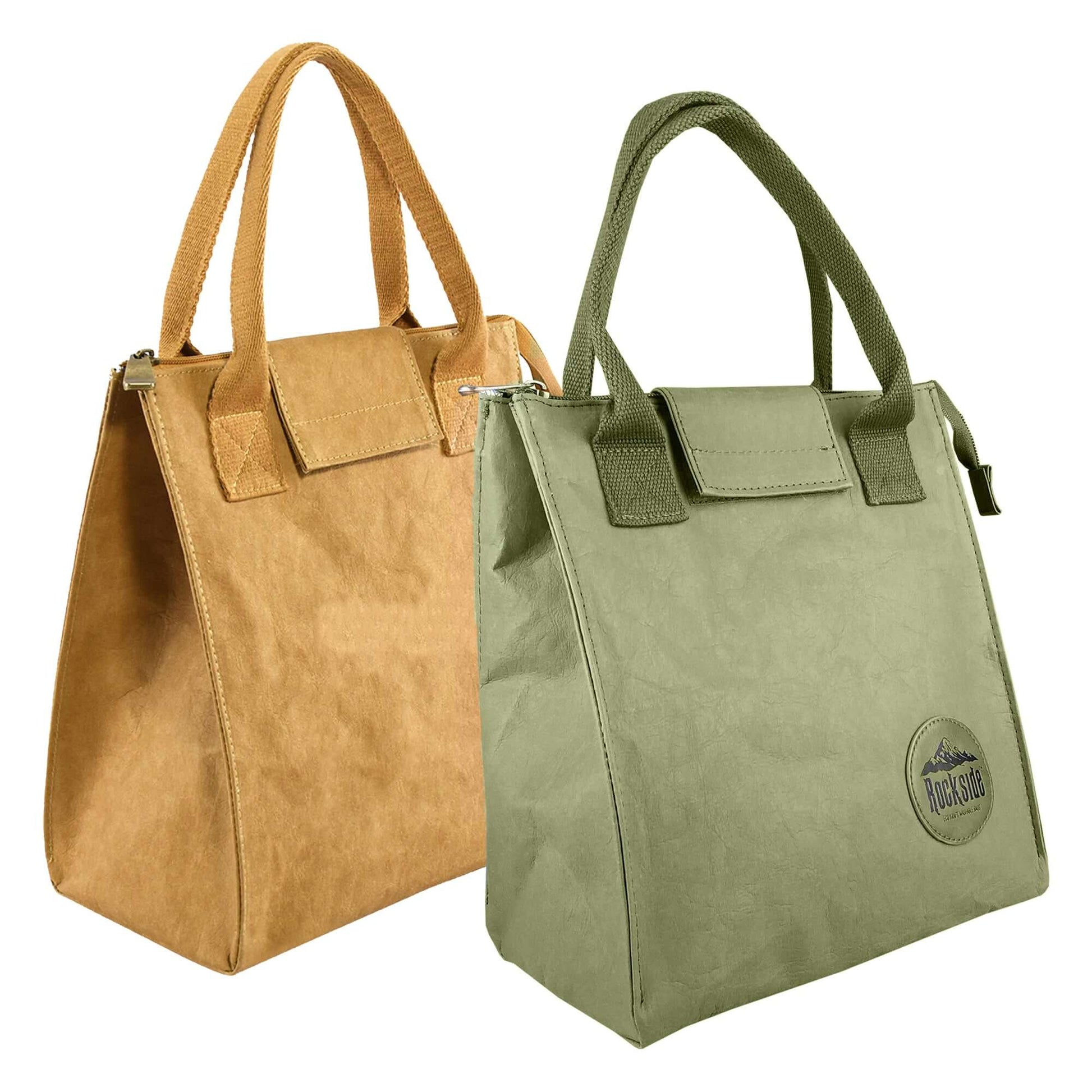 Maryo Kraft Paper Lunch Bag in green and brown versions, displayed against a white background, showcasing its eco-friendly, durable design and versatile color options.