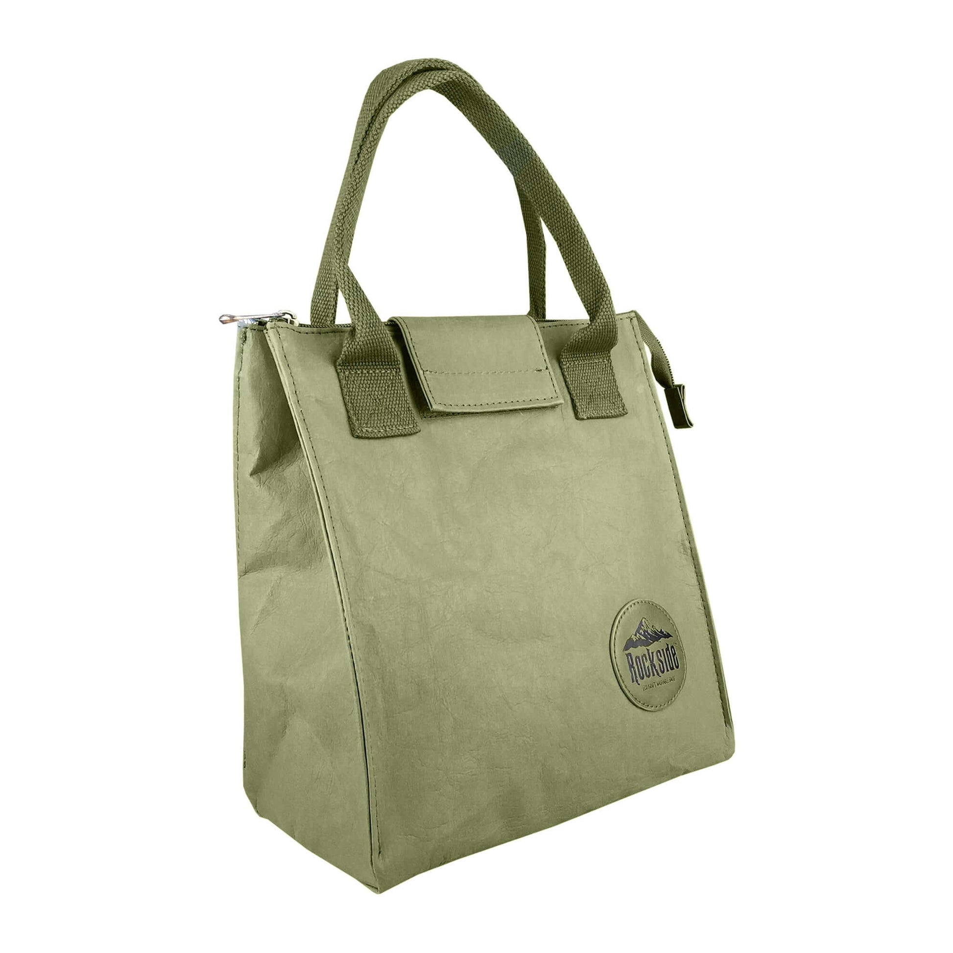 Maryo Kraft Paper Lunch Bag in green, pictured at an angle against a white background, showcasing its eco-friendly, durable design and modern style.