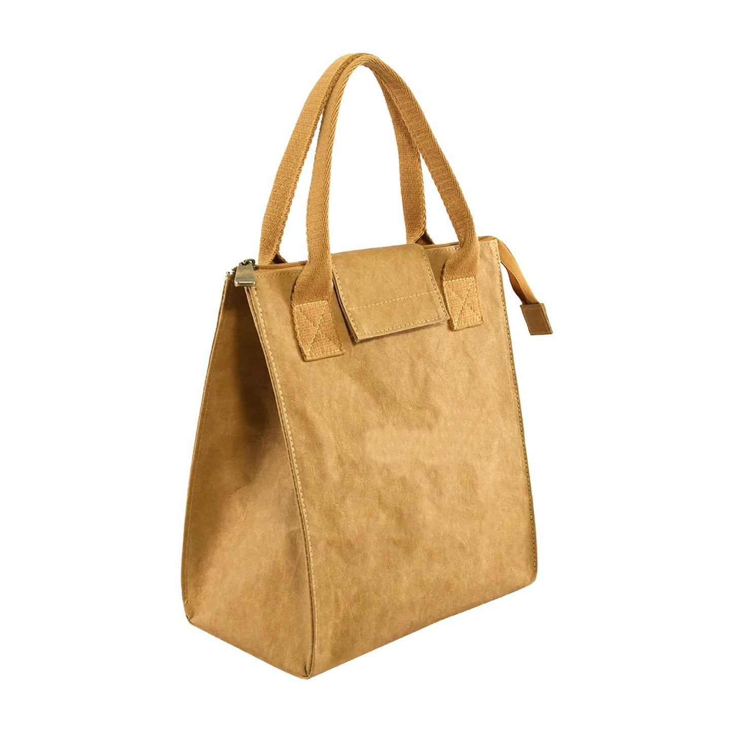 Maryo Kraft Paper Lunch Bag in brown, pictured at an angle against a white background, highlighting its eco-friendly, durable design and modern style.