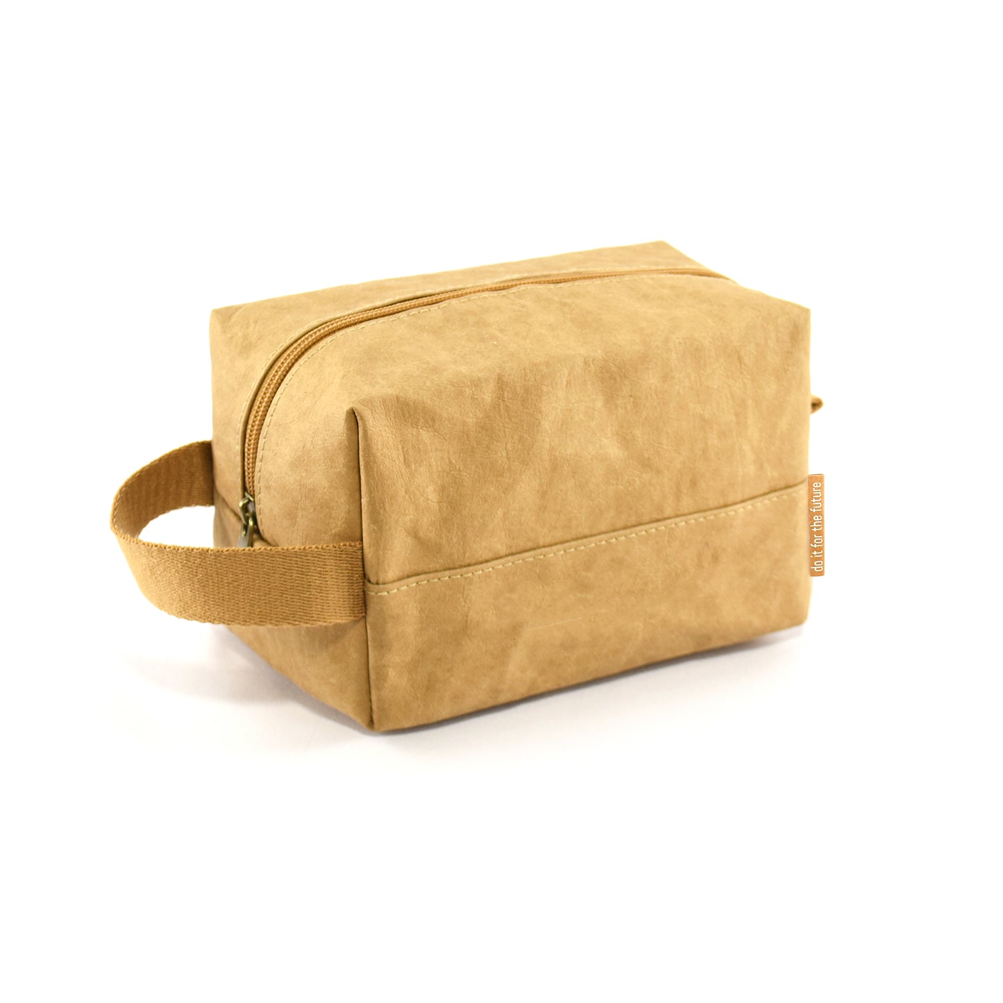 Munro Kraft Paper Cosmetic Bag pictured at an angle with a white background, highlighting its eco-friendly, durable design and practical storage for cosmetics and toiletries.