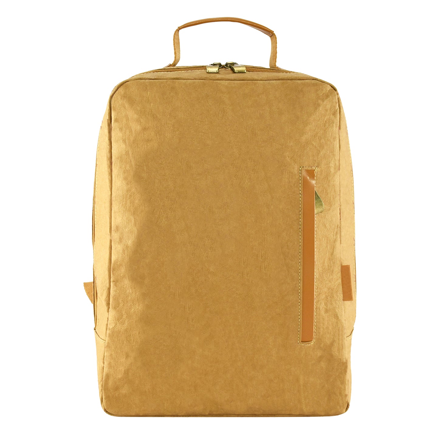 Suna Kraft Paper Laptop Backpack shown front on against a white background, showcasing its sleek, sustainable design and premium craftsmanship.