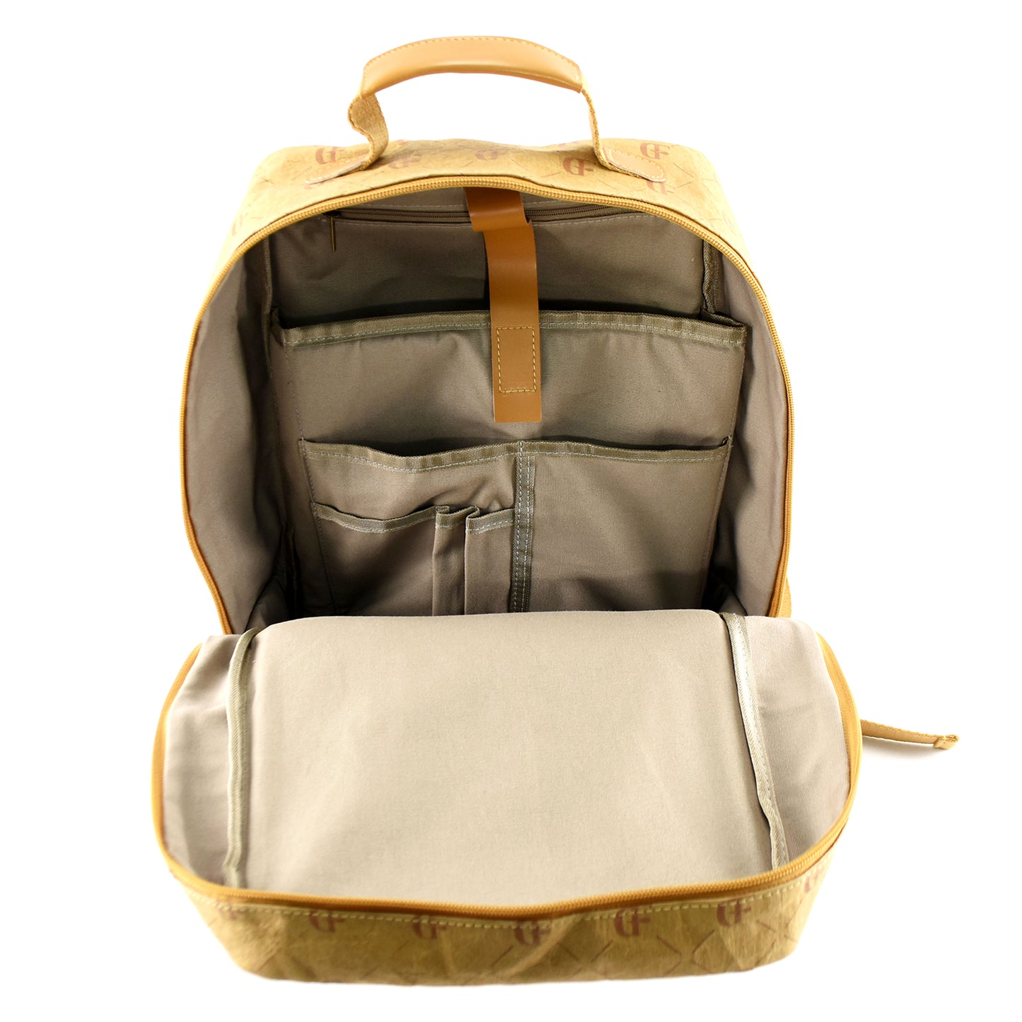 Suna Kraft Paper Laptop Backpack shown open from above, revealing its organized interior and practical design for daily use.