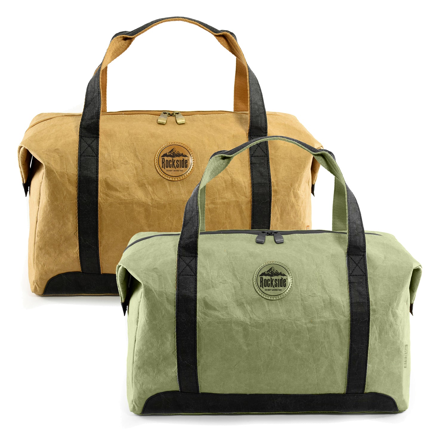 Both brown and green Joy Kraft Paper Travel Bags displayed together, showcasing their eco-friendly, durable design and versatile storage options for travel essentials.