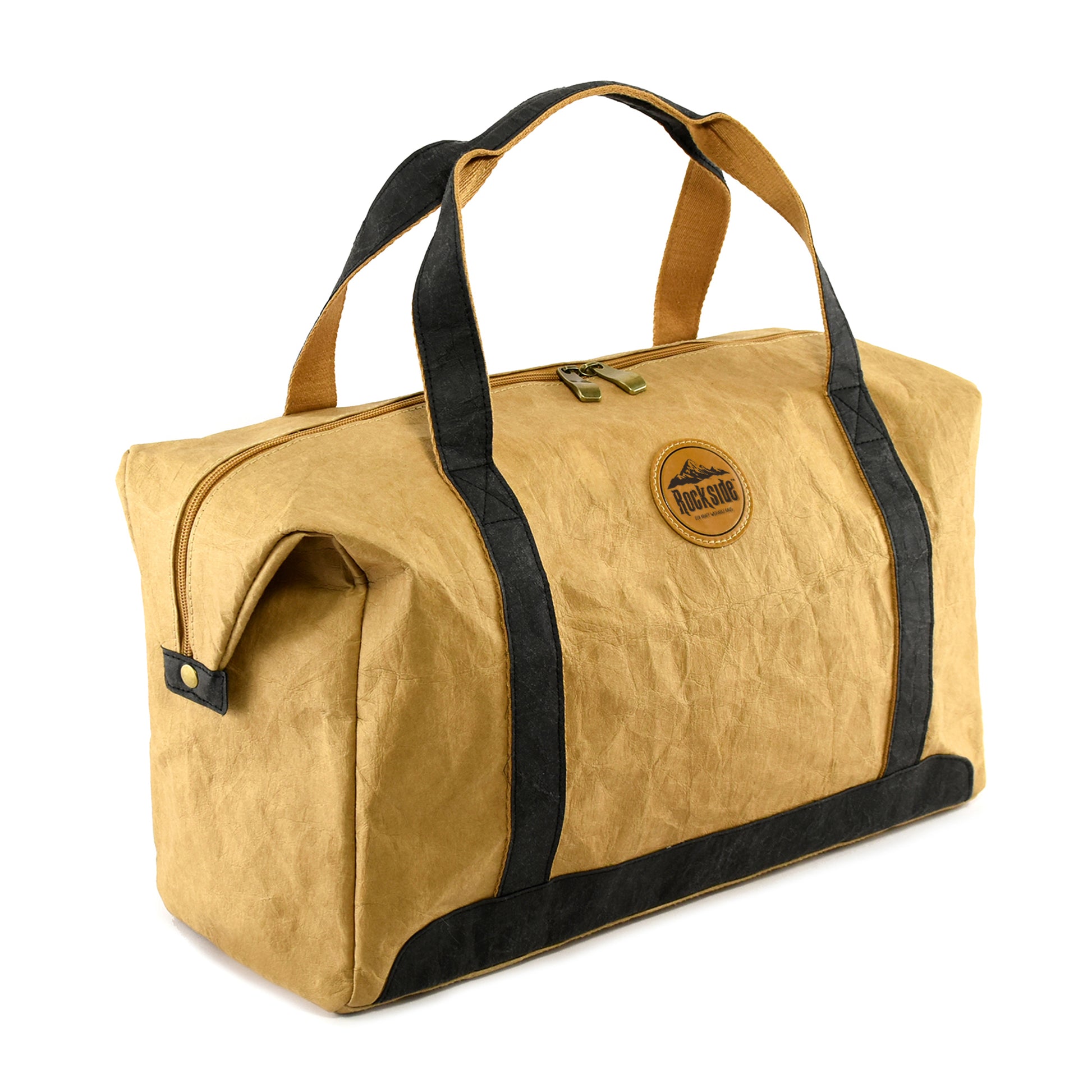 Joy Kraft Paper Travel Bag positioned at an angle against a plain white background, showcasing its eco-friendly, durable design and stylish appearance.