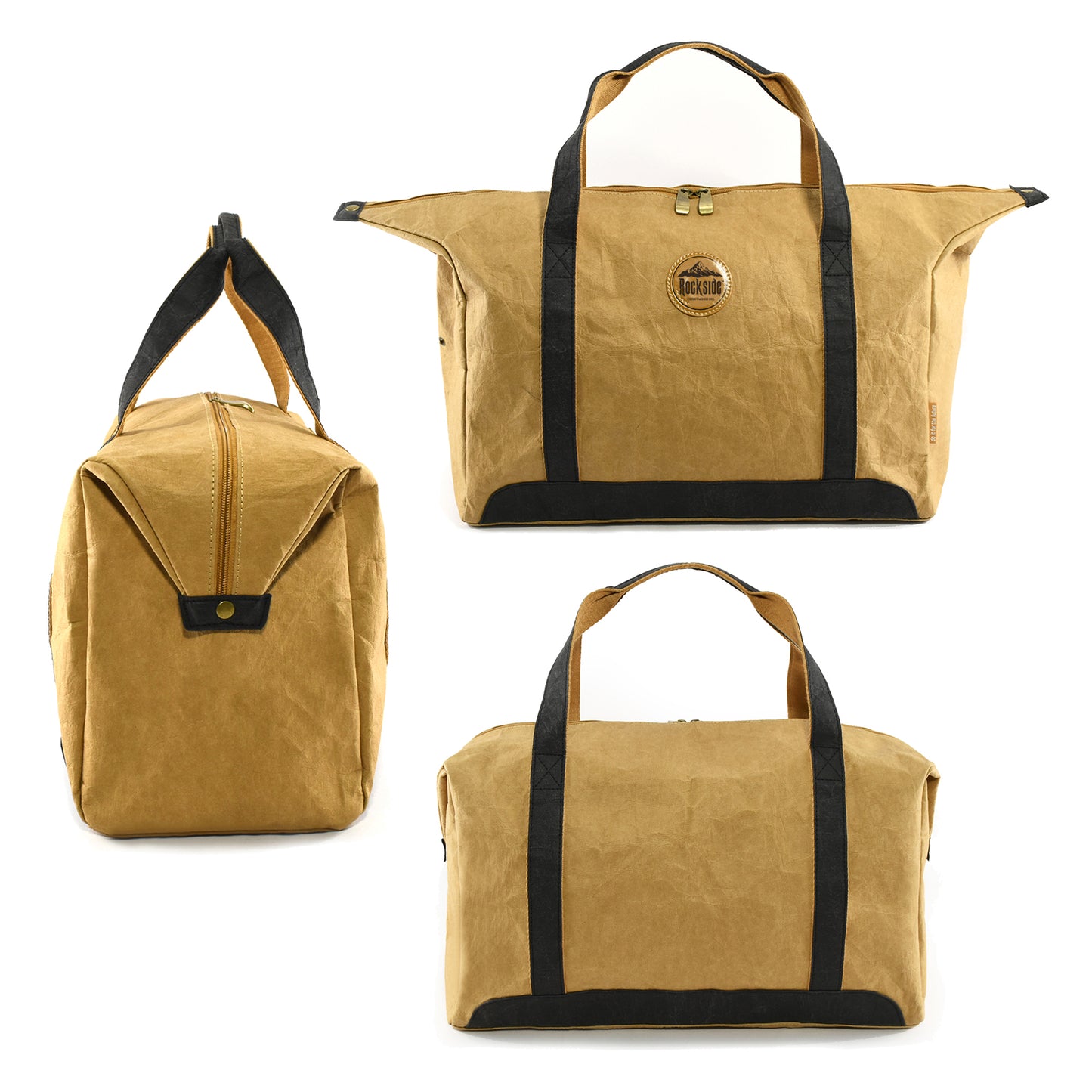 Brown Joy Kraft Paper Travel Bag shown in three positions: front, back, and side, highlighting its eco-friendly, durable design and versatile storage for travel essentials.