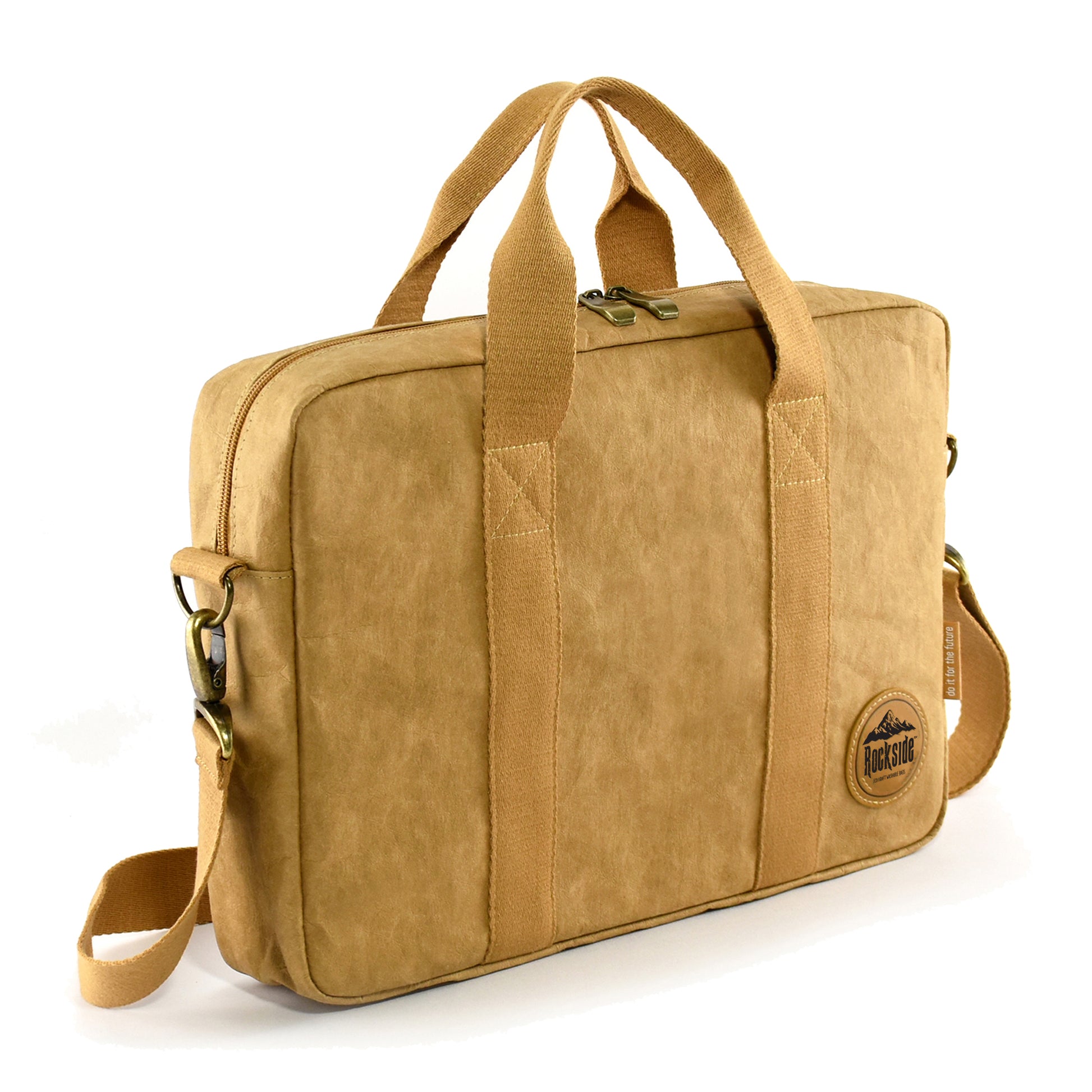 New York Kraft Paper Business Satchel shown at an angle, emphasizing its eco-friendly kraft paper design, stylish functionality, and spacious compartments for work essentials.