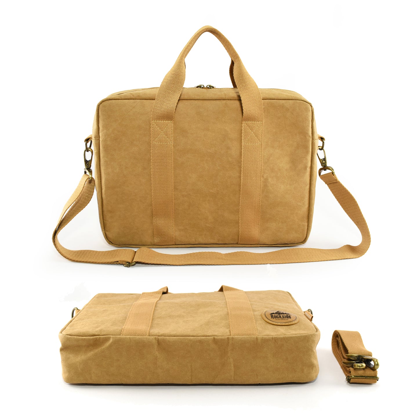 New York Kraft Paper Business Satchel shown from two angles: one from behind and one flat, highlighting its eco-friendly design, durable craftsmanship, and spacious compartments for professional use.