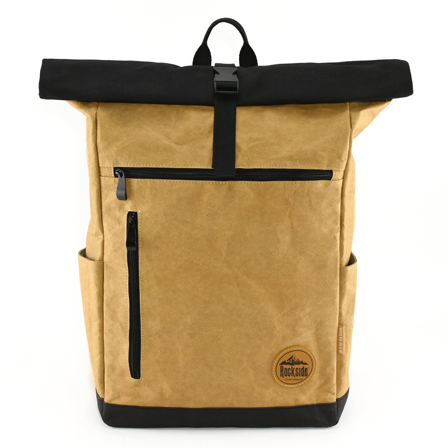 Front view of Seaside Kraft Paper Laptop Backpack on a white background, showcasing its stylish, sustainable design and functional compartments.