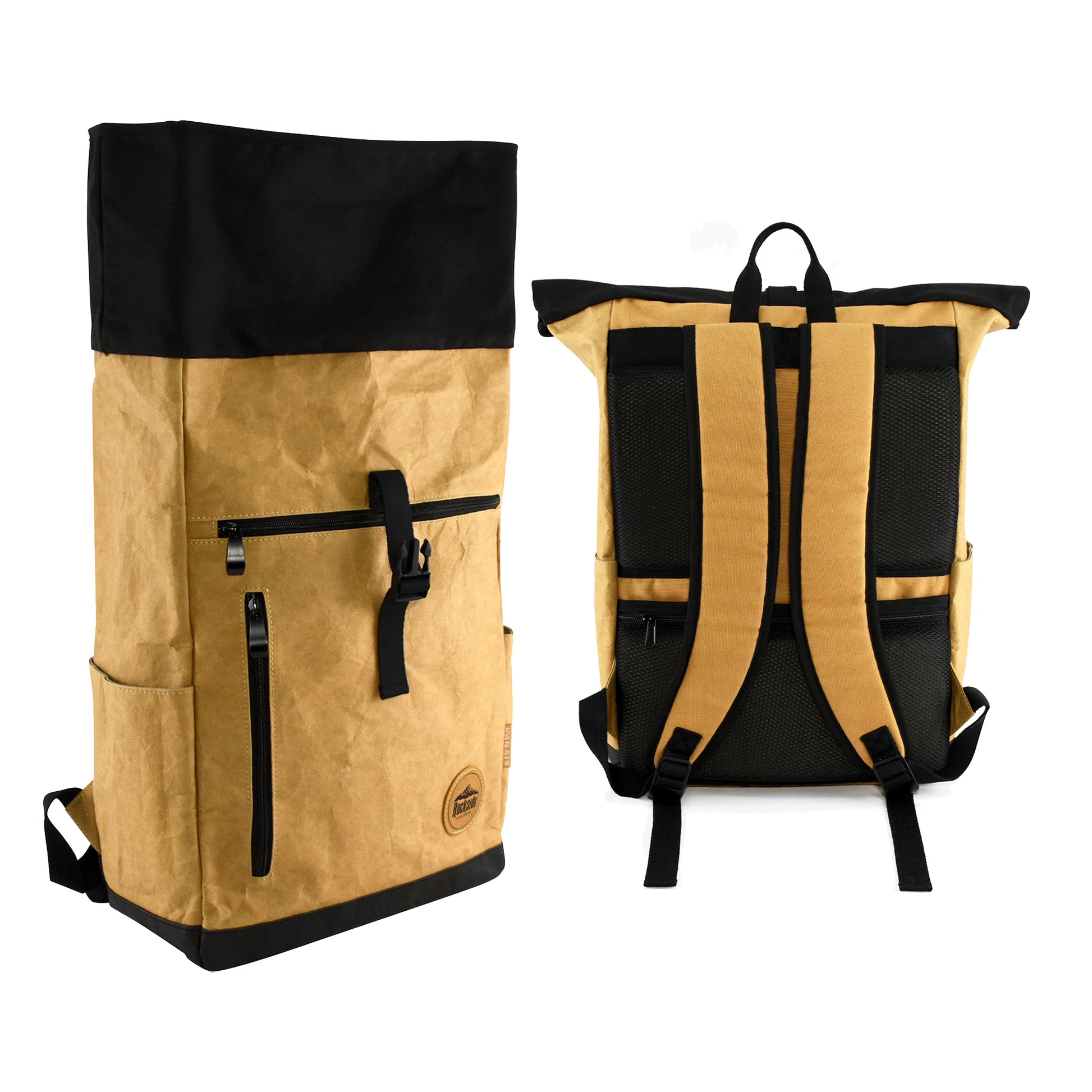 Angled and back view of Seaside Kraft Paper Laptop Backpack, featuring its adjustable straps and eco-friendly kraft paper material for durability.