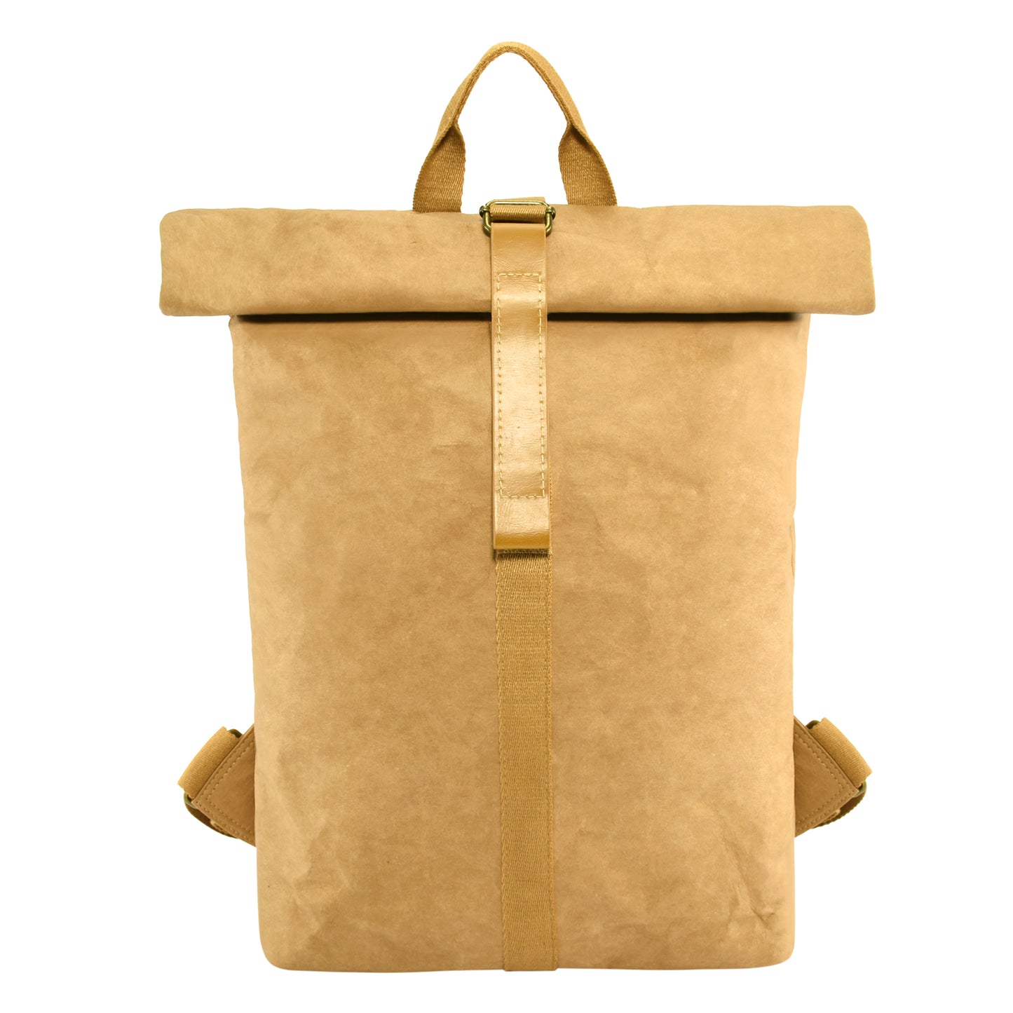 Mate Kraft Paper Backpack shown front on against a white background, highlighting its sustainable kraft paper material and modern, minimalist style.