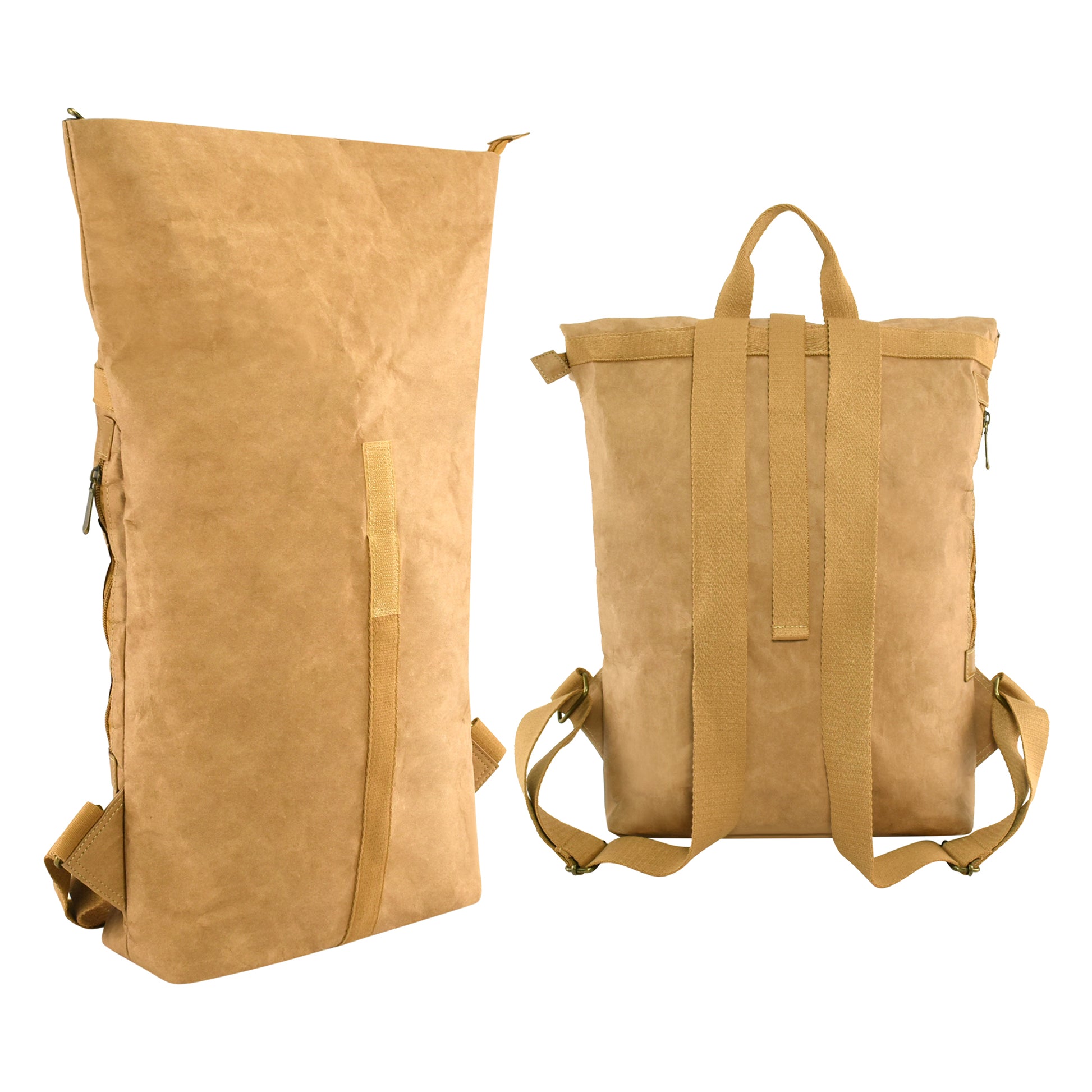 Mate Kraft Paper Backpack shown at an angle with back view, emphasizing its durable construction and functional design for carrying essentials.