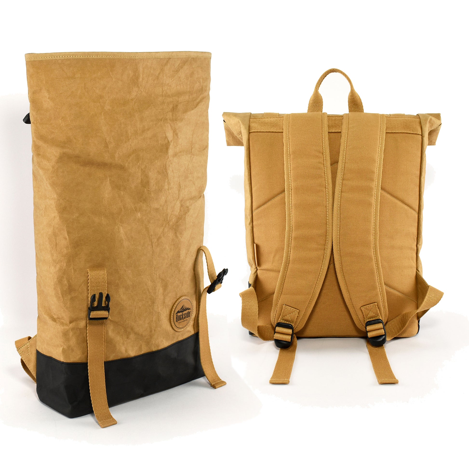 Base Kraft Paper Laptop Backpack shown at an angle with back view, showcasing its spacious compartments and eco-conscious materials.