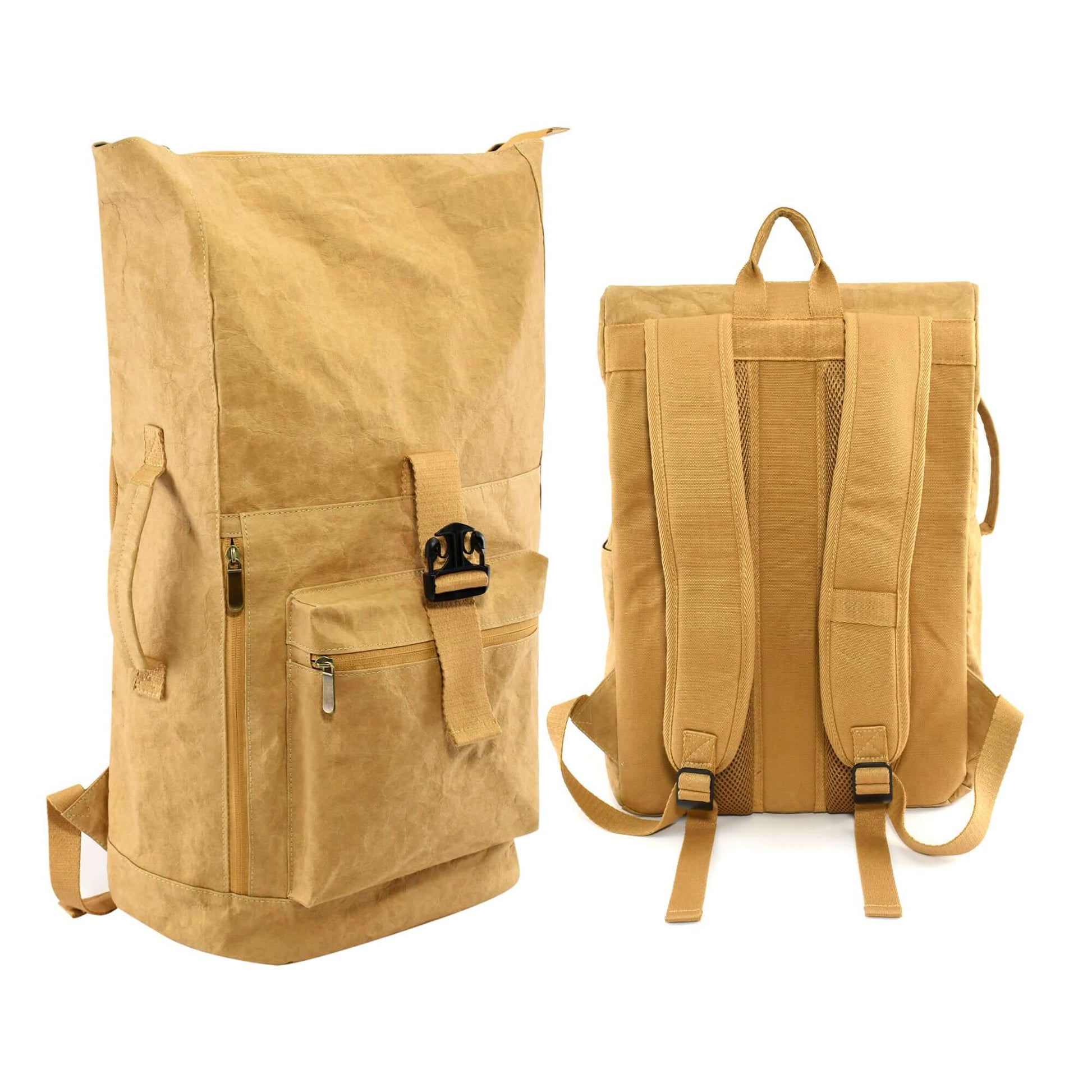 Angled view and back of Northshore Kraft Paper Laptop Backpack, showcasing the stylish and functional design with adjustable straps and eco-friendly materials.